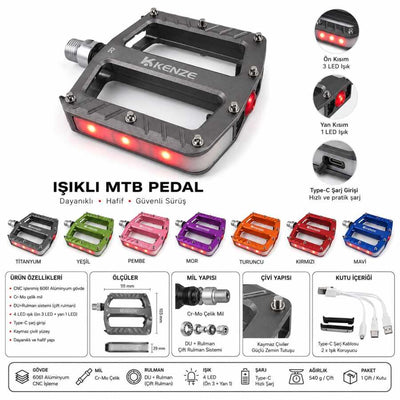 KENZE Alüminyum CNC Şarjlı Işıklı Bisiklet Pedalı Rulmanlı 18356
