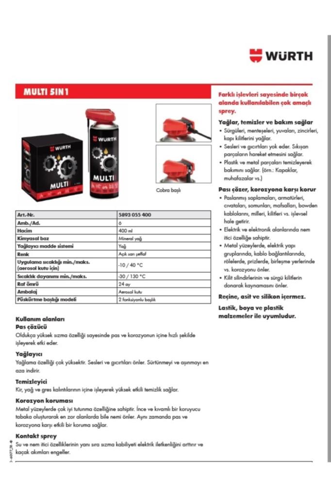 Würth Multi 5IN1 Çok Amaçlı Yağlama Temizleme Sprey 400ml